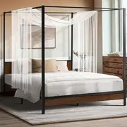 Oikiture Bed Frame Queen with Canopy Metal Bed Storage Base Black