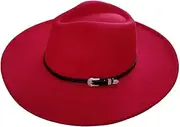 [Generic] Classic Felt Fedora Hat for Men Women Vintage Jazz Hat with Band Belt Buckle Solid Color Big Wide Brimmed Hat
