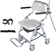 Foldable Toilet Chair with Wheels Wheeled Commode Chair Bedside Commode Transport Wheelchair Heavy Duty Multifunctional Shower Commode Chair for Elderly and Disabled Load Capacity 330 Lbs(A)