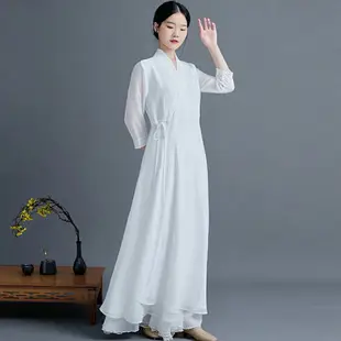 白色古風禪舞服女秋季漢服女改良式旗袍唐裝上衣中國風復古茶藝服