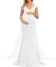 [ZIUMUDY] Maternity Fitted Gown Sleeveless Maxi Dress for Photoshoot Photography with Long Chiffon Train