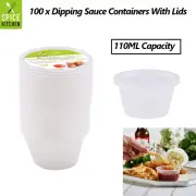 100 x Plastic Dipping Sauce Container W/ Lid 110ML Takeaway Round Food Snack Cup