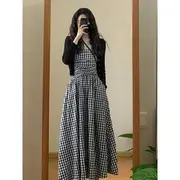 Strapless Plaid Midi A-Line Dress / Plain Crop Cardigan Cardigan - Black - XL