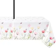 Outdoor Tablecloth with Umbrella Hole and Zipper - 60x102 Inch Floral Printed Pattern Spring/Summer Table Cloth Waterproof Zippered Rectangle Table Cover for Picnic, Party, Patio, BBQ