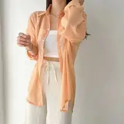 Long-Sleeve Plain Sheer Shirt Tangerine Red - One Size