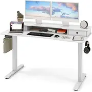 Giantex Electric Standing Desk w/ 2 Drawers, 140cm x 60cm Height Adjustable Stand Up Desk w/Monitor Stand, Home Office Sit Stand Computer Desk w/Storage Shelf, 2 Hanging Hooks, 3 Preset Heights