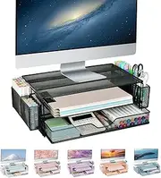 AUPSEN 2 Tier Computer Monitor Stands with Drawer and 2 Pencil Holder, Metal Monitor Stand Monitor riser, Computer Desk Organizer and Accessories for Laptop, Computer, Printer, Office Supplies(Black)