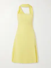 [Versace] Versace - Scarf-effect Cutout Chiffon-trimmed Silk-cady Mini Dress - Pastel yellow - IT44 IT 44 Yellow