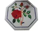 12" Inlay Semi Precious Stone Floral Work White Corner / Side Marble Table Top