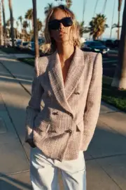NWT_ZARA FW24 DOUBLE BREASTED TEXTURED WEAVE JACKET Pink White | 9192/156_M,L