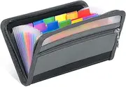 Expanding File Folder with Zipper – 13 Pockets Document Organizer, Portable Accordion Document Wallet for Home/Office/School, Includes 24 Multicolor Labels (Black) (A6-Size)