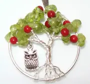 Tree of Life Necklace Pendant Peridot Apple Birthstone Silver Owl Handmade USA