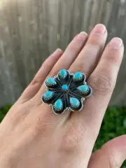 Flower Shaped Kingman Turquoise Cluster 925 Sterling Silver Ring, Size 9 1/2, A