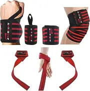 ANTEROOF Knee Wraps + Wrist Wraps + Weight Lifting Straps Bundle (3 Pairs) for Weightlifting Bodybuilding Strength Training Workout Gym, Fitness Protective Set for Men & Women