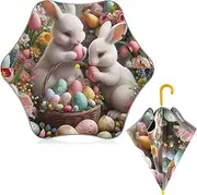 [ODAWA] Sun Protection Umbrella Easter Rabbits Eggs Kid Umbrellas, Windproof Compact Stick Umbrellas for Rain