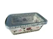 Temp-tations Mini 12 oz. Plastic Cover Stoneware Loaf Pan Holiday Pattern NWT