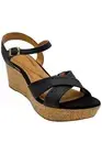 Clarks Leather Ankle Strap Cork Wedges Elleri Plum Black
