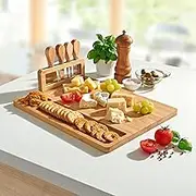 3 PAGEN® Bamboo Wood Cheese Board with Cheese Knife Set, Bamboo Cheese Plate, Wooden Serving Plate, Serving Tray with Cutlery Holder & 2 Cavities, Meat Plate and Cold Cuts Plate, 33 x 33 x 3.7 cm