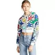 NWT Alice + Olivia X Keith Haring Barron Crop Zip Up Hoodie Sweatshirt Jacket L