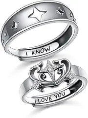 [JZMSJF] 925 Sterling Silver Stars Heart Matching Couple Promise Rings Set Adjustable Engagement Bands Jewelry Gifts for Couples Boyfriend Girlfriend 2Pcs, Sterling Silver, Cubic Zirconia