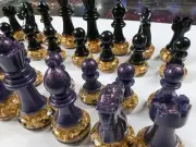 Chess Piece set - Violet Blue Luster and Cosmic Black w Gold Leaf Base, Stunning
