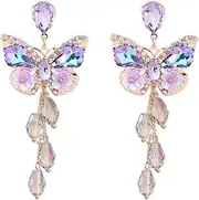 [HWJQ] Teardrop Tassel Butterfly Dangle Earrings Bohemian Fringe Purple Butterfly Earrings Exaggerate Crystal Butterfly Stud Earrings