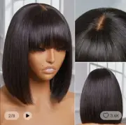12" Short Bob Wig with Bangs Brazilian Straight Human Hair