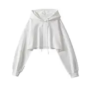 Drawstring Plain Crop Hoodie White - L