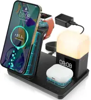 6 in 1 Wireless Charging Station with Alarm Clock, Night Light, Compatible with iPhone 15/14/13/12/11/Pro/Pro Max/Mini/XS/XR/X/8/Plus, Apple Watch 9/8/7/6/5/SE, AirPods Pro/3/2/1,15W Adapter