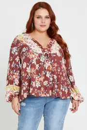 Boho Print Long Sleeve Peasant Top