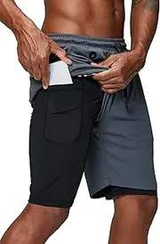 [Pinkbomb] Men's 2 in 1 Running Shorts Gym Workout Quick Dry Mens Shorts with Phone Pocket