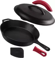 Cast Iron Skillet with Lid - 12"-Inch Pre-Seasoned Covered Frying Pan Set + Sili
