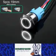 5 x White LED 19mm Metal Push Button Switch 12-24V Pre-Wired Self-Locking Switch