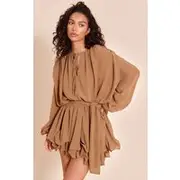 Chocolate Floaty Tie Detail Long Sleeve Shift Dress, Chocolate