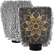 XYMZR Gold Black Mandala Absorbent Microfiber Car Wash Mitt, Funny Cute Anime Scratch Free for Cars Cleaning, Home Cleaning Mitts, 2 Pack, 10.24” L x 7.09” W