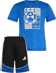 [adidas] boys Short Sleeve Melange Tee Shirt and Colorblock 3-stripe Short Set
