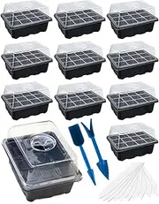 120 Cells Seedling Starter Tray kit, 10 Pack Seed Starting with Humidity Dome and Base Vented Trays for Greenhouse Gardens, Adjustable Plant Starter Kit, Mini Propagator for Germination (Black)