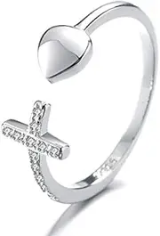 [QIAOSHENGHUA] S925 sterling silver smooth heart ring cross set with tail ring True Love Waits Cross Heart Ring Open Cross Heart Adjustable Christian Ring Women's Girl's Religious Ring Size 8