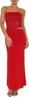 [Lybiogs] Two Piece Skirt Set for Women - Summer Vacation Outfits Sleeveless Asymmetrical Mesh Tank Crop Top Maxi Long Skirts