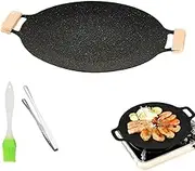 Non Stick Round Baking Pan Korean, Korean Grill Pan for Indoor Cooking, Multifunctional Frying and Baking Pan, with Granite Coating, with Wooden Handle, for Meats, Pancakes, Ribs(32cm/12.6in)