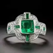 Vintage Art Deco Style Green Lab Created Emerald Wedding 14K White Gold FN Ring