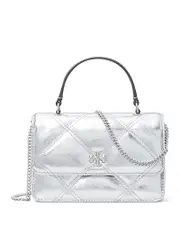 Tory Burch Mini Kira Metallic Leather Diamond Quilt Top Handle Chain Wallet