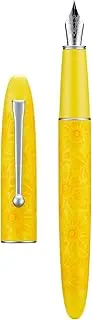 Hongdian C3 Fountain Pen, Iridium Fine Soft Nib Chinese Knot Carving, Bright Yellow & Sunflower Painting Design with Metal Box Set