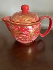 New Asian Porcelain Single Serve Porcelain Teapot w/Strainer Red Gold Dragon