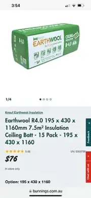 R4.0 430mm Knauf Earthwool Ceiling Insulation Batts