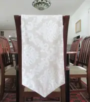 Table Runner Double Sided Brocade 12” x 66” Floral Solid Pattern White Beige