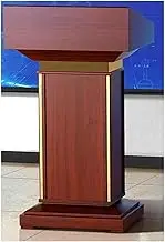 Solid Wood Podium Stand Modern Church Pulpit with Gold Edges Floor Standing Lectern with Open Storage Shelf and Drawer