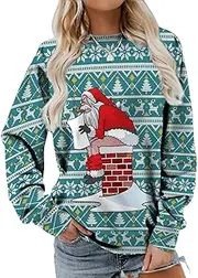 CATCOQ Santa Claus Print Pullover,Christmas Sweatshirts with Printing Santa Claus | Women's Novelty Sweaters for Home, Shopping, Walking, Party, Gathering Blue