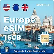 Europe eSIM, 15GB for 30 Days - 5G/4G High-Speed Network Prepaid eSIM in Europe and USA-37 Countries, QR Code Activation, Data ONLY, No Voice/SMS