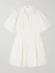 [SIMKHAI] SIMKHAI - Cleo Pleated Broderie Anglaise Cotton Mini Shirt Dress - White - US8 US 8 White